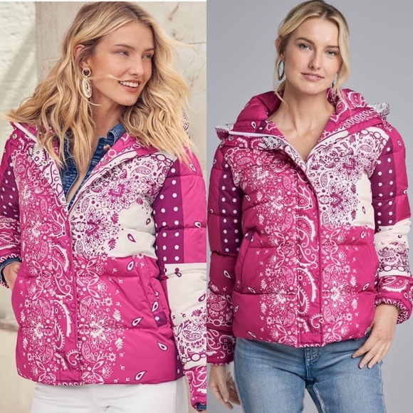 VENUS New! Rare Size M Puffy Coat Pink Paisley Color Block - Picture 2 of 3